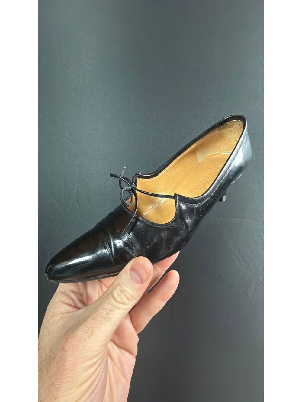 Hermes Black Patent Tie Heels Size 35.5